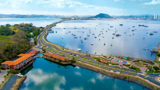 Aerial view of the Amador Causeway, its marina and the Bridge of the Americas, Panama City