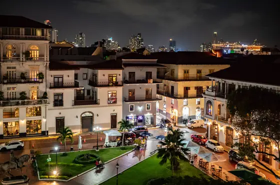 Square in Casco Antiguo, Panama City, at sunset