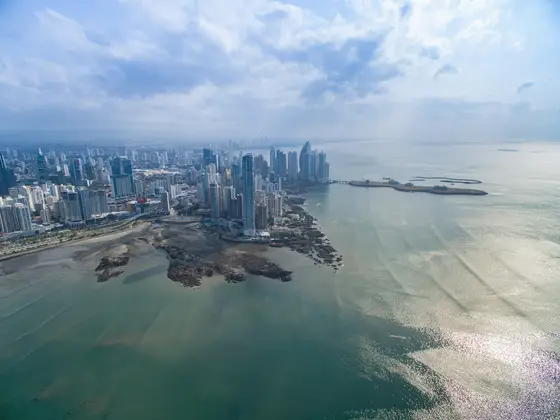 Aerial view of Panama City bay and skyline