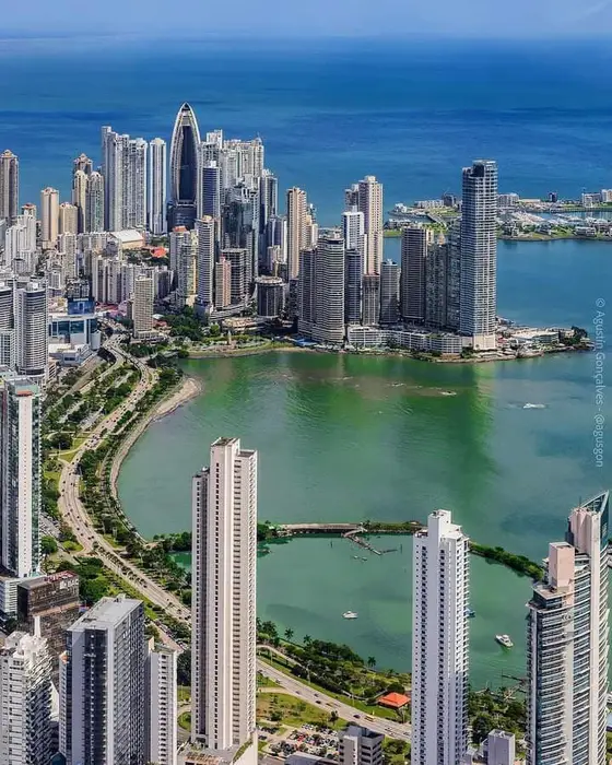 Panama City: aerial view of Punta Pacifica and the Cinta Costera