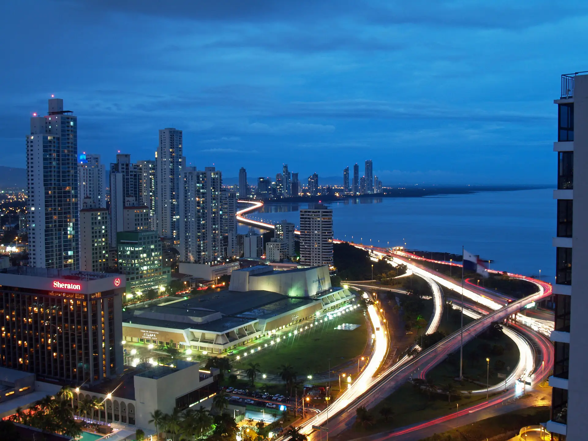 Panama City skyline and bay at blue hour