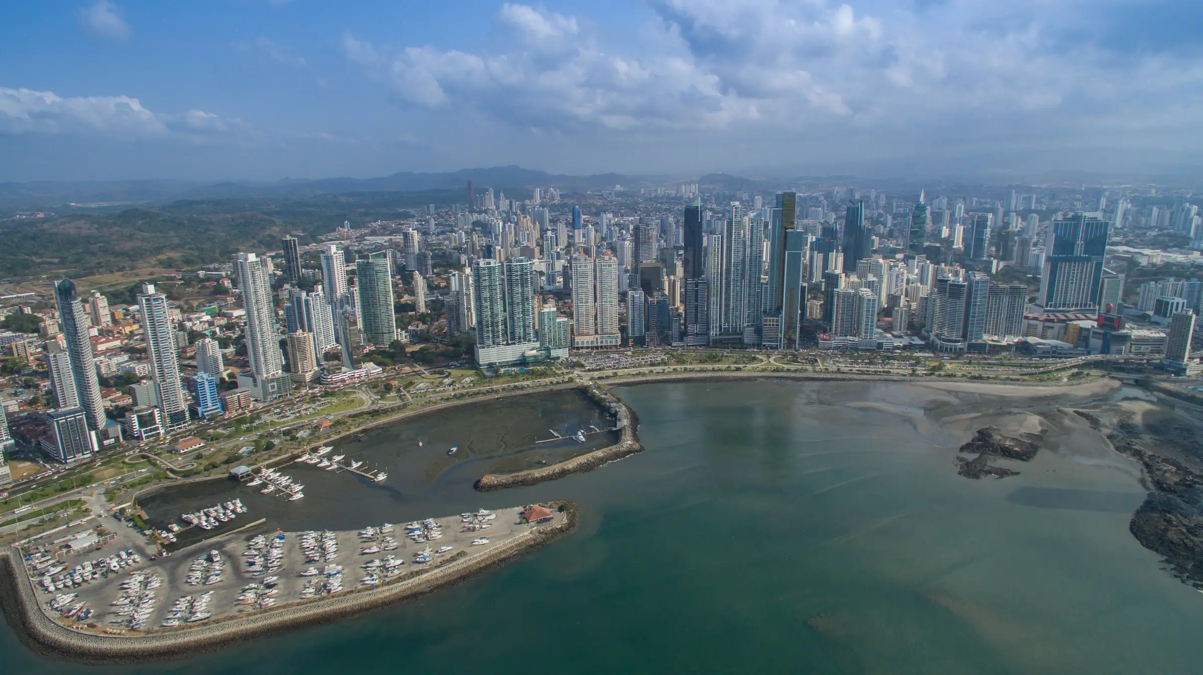 Aerial view of Panama City: financial district, bay and marina