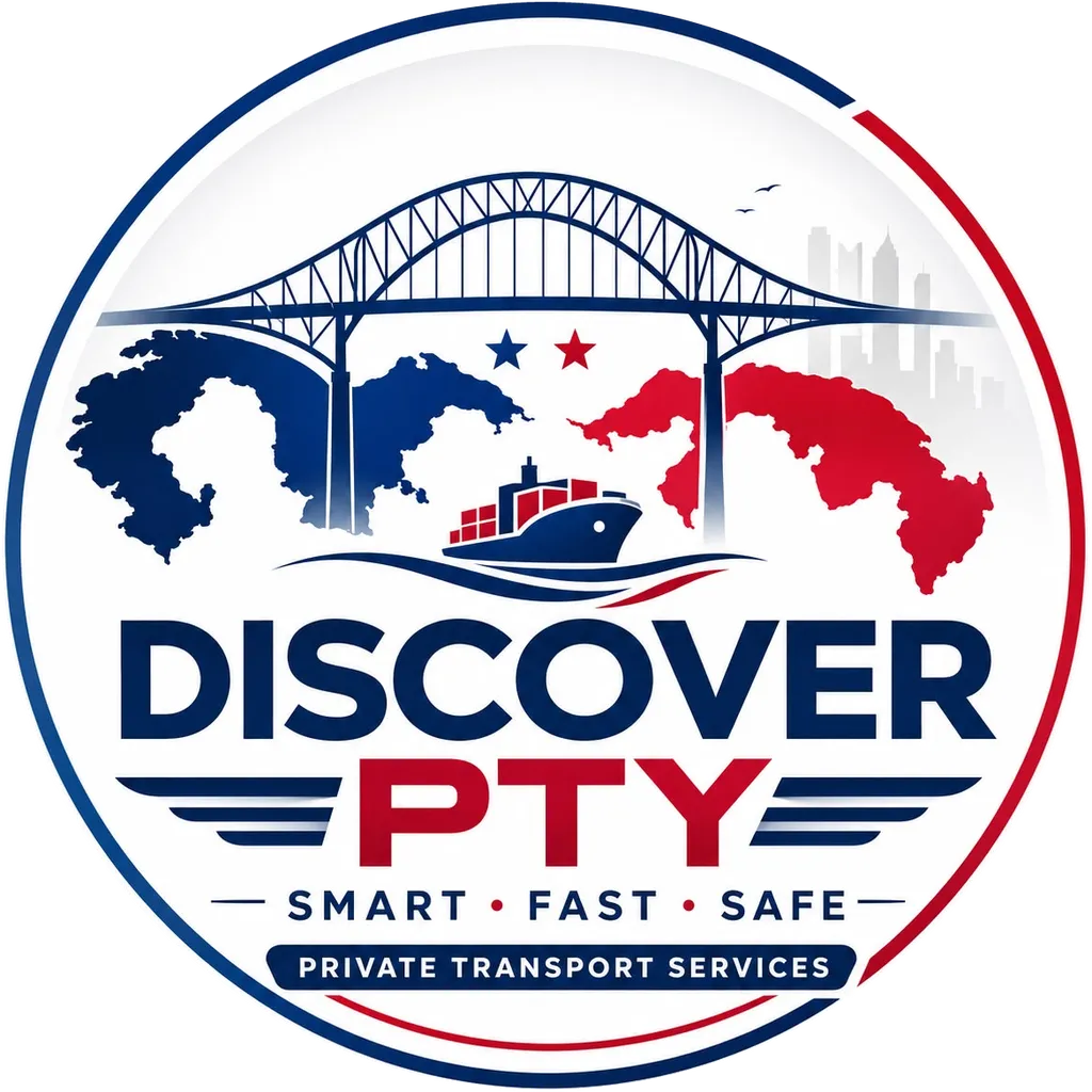 Discover PTY logo: Bridge of the Americas, map of Panama and a ship, with the motto Smart Fast Safe