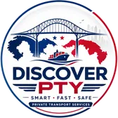 Discover PTY logo: Bridge of the Americas, map of Panama and a ship, with the motto Smart Fast Safe